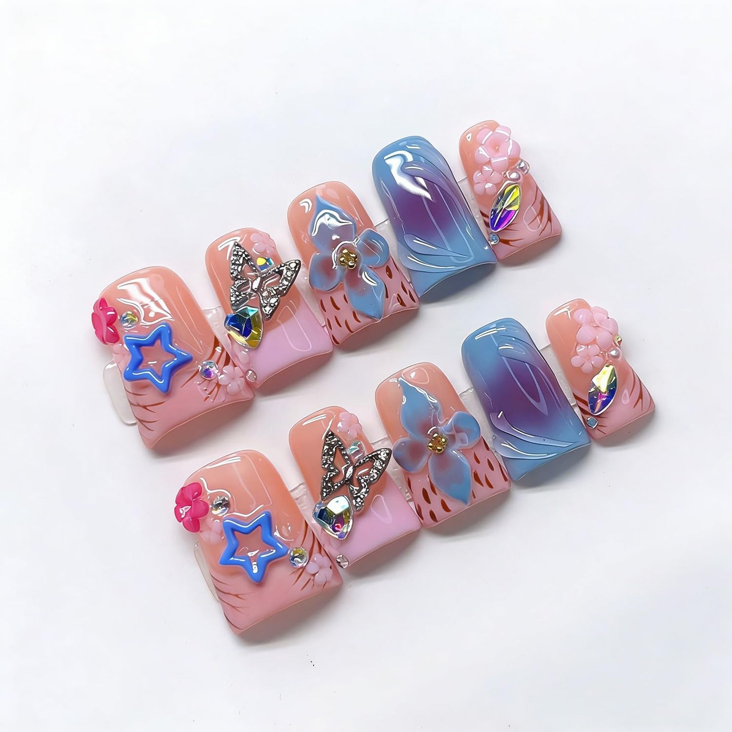 10Pcs Medium Duck Press On Nails Handmade Fake Nails Nude Pink Nail Press Ons with Flower Luxury Rhinestones Designs French False Nails Full Cover Artificial Glossy Stick On Nail For Women（Size S）