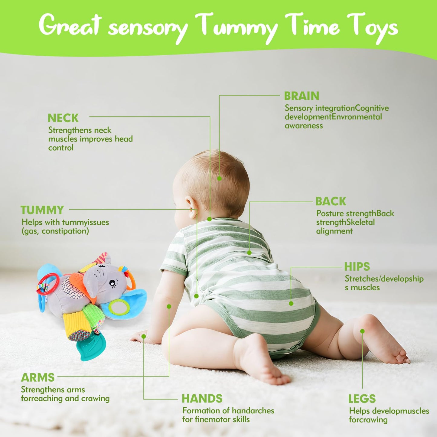 CaftyMids Baby Toys 0-6-12 Months: Elephant with Detachable Touch-Sensitive Sound Box (30 Sounds), Removable Bib, Teether, Rattle, BB Squeaker, Mirror | Attaches to Strollers, Car Seats, Carriers