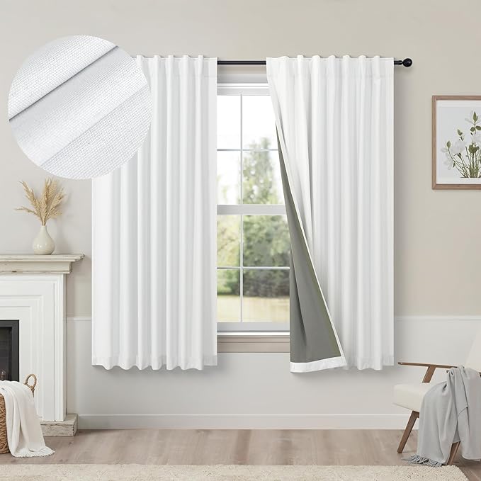 Short Blackout Curtains 54 Inch Length 2 Panels for Bedroom White Linen Textured Black Out Country Farmhouse Curtains for Small Bathroom Windows Kitchen Door Back Tab Pocket Cafe Drapes for Bay Window