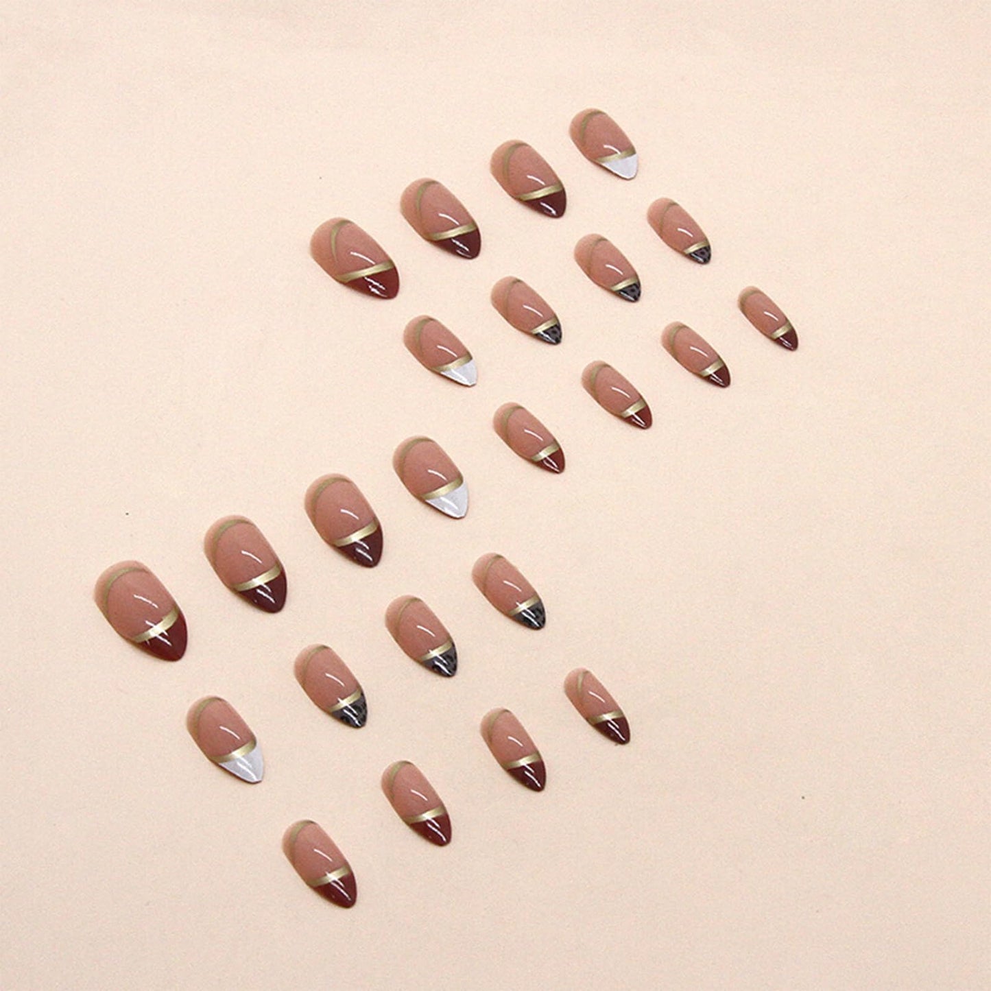 Short Almond Press on Nails Gold Line Fake Nails Glossy Red French Tip Artificial Acrylic Nails Leopard Stick on False Nails Glue on Nails 24 pcs
