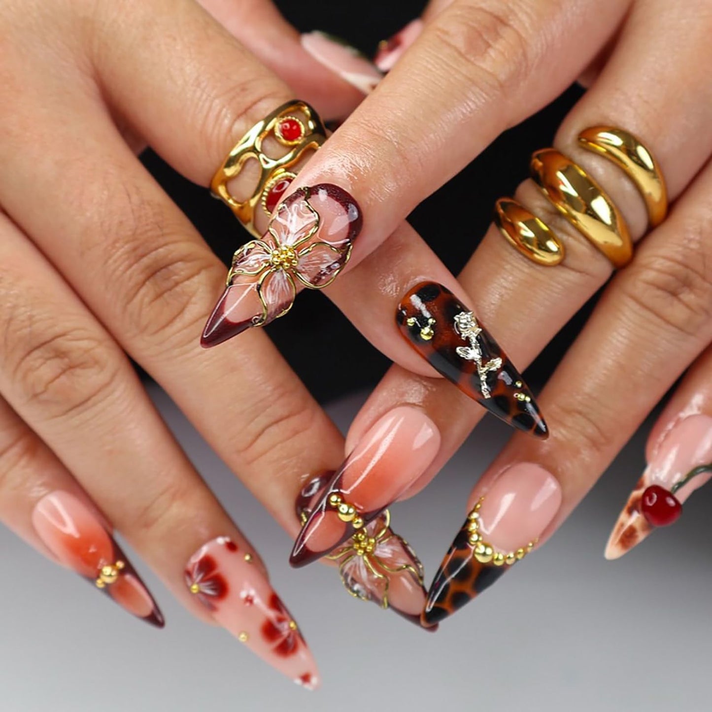 Luxury Press on Nails Long Almond Handmade 3D Unique Reusable ABS Material Fake Nails French Tip False Nails with Designs Flower Cherry Leopard Print Fall Glossy Glue on Nail Thick Acrylic Nail(S)