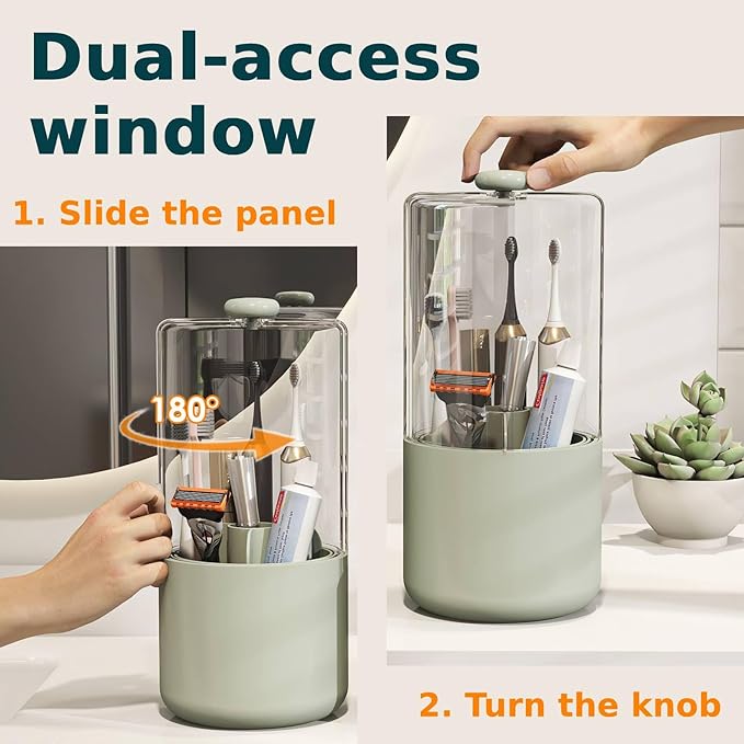 Toothbrush Holder with Cover 360 Rotating 4 Compartments Bathroom Toothpaste Electric Toothbrush Organizer, Light Green