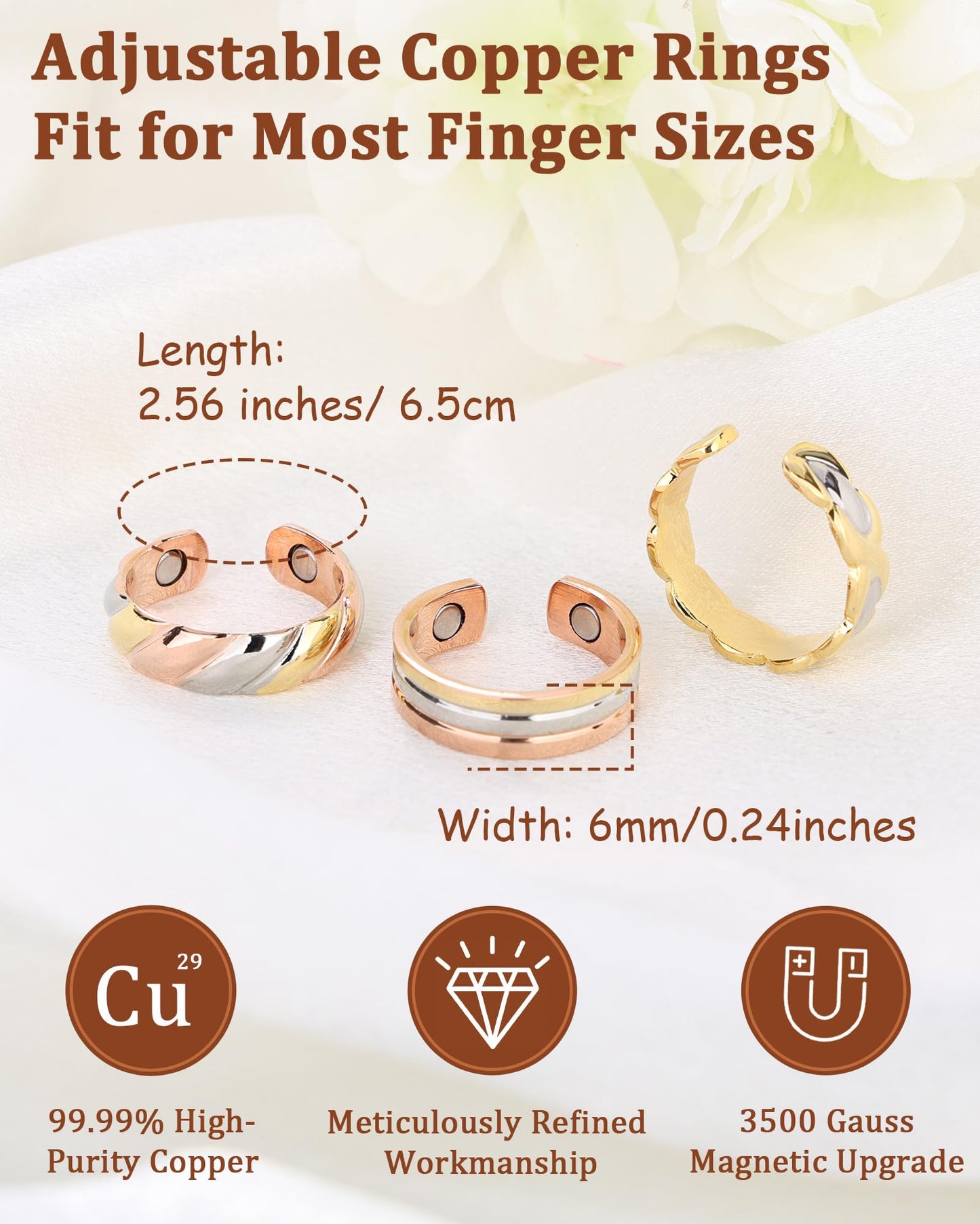 BioMag Copper Rings for Women, 99.99% Pure Copper Magnetic Rings Thumb Rings for Lymphatic Drainage, Adjustable Jewelry Gifts for Women (Multi Tone)