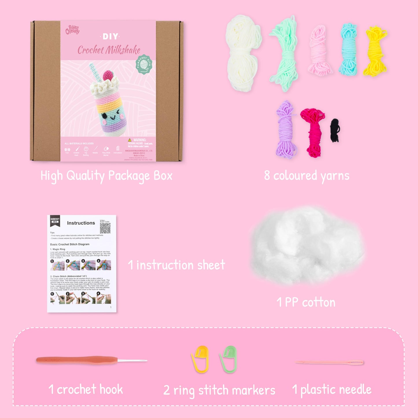 HOUSE CREATIVITY Beginner Crochet Kit for Adults, Beginners Crocheting Knitting Kit with Yarn Sets, Step-by-Step Video Tutorials,Animal Craft Kit, Holiday Birthday Gifts(Cup with Straw)