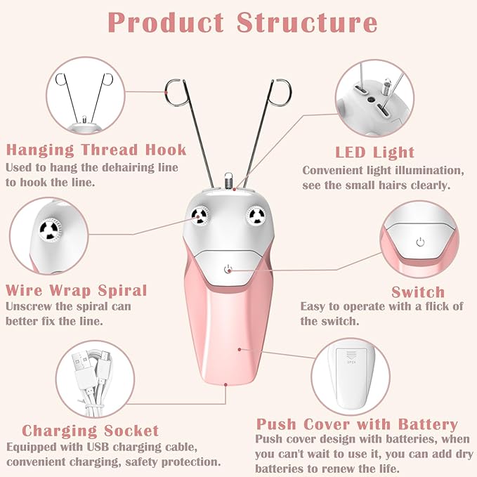 Pink Facial Threading Hair Removal Electric Women's, USB Rechargeable Electric Hair Removal Device, Faces Delicate Device Depilation for Fine Hairs on Face, Chin, Upper Lip, Arms