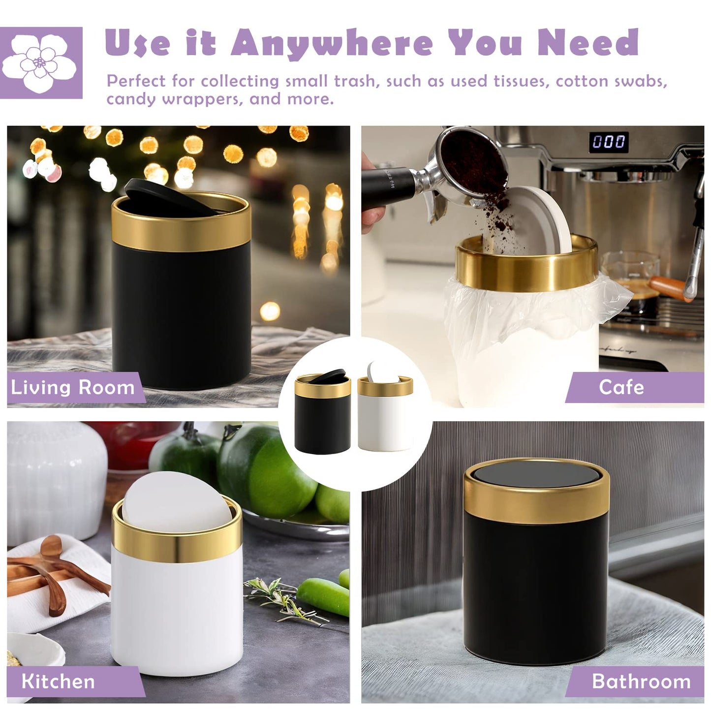 JILLICK Mini Trash Can with Lid, Metal Small Tiny Mini Trash Bin Can, Mini Countertop Trash Cans for Desk Car Office Kitchen, Swing Top Trash Bin 1.5 L/0.40 Gal (White)