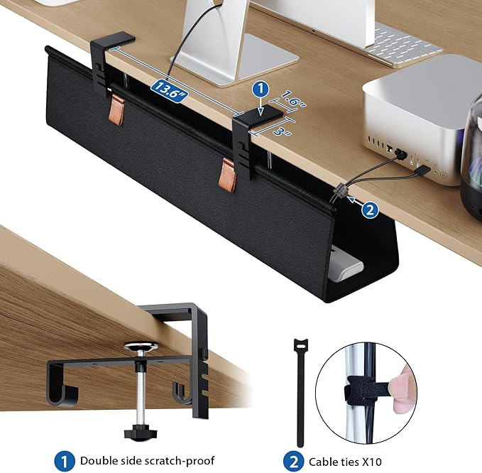 Zilink No Drill Under Desk Cable Management Tray 30" Cord Organizer for Table Clamp/Screw Mount Desk Cable Management Sturdy Waterproof Fabric Cord Hiders for Office, Home