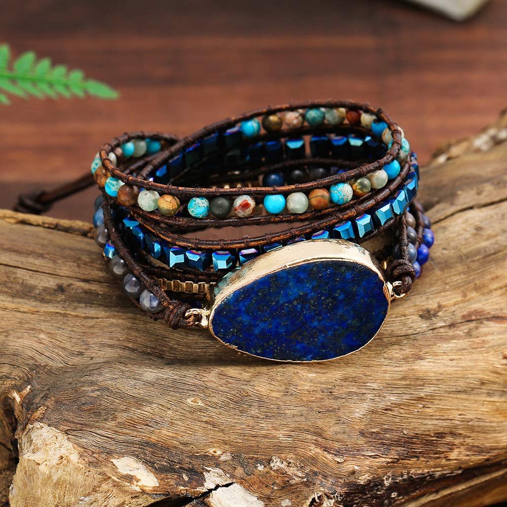 Plumiss Boho Bracelets Handmade Lapis Lazuli Stone Beaded Leather 5 Wrap Bracelet for Women Men Gift