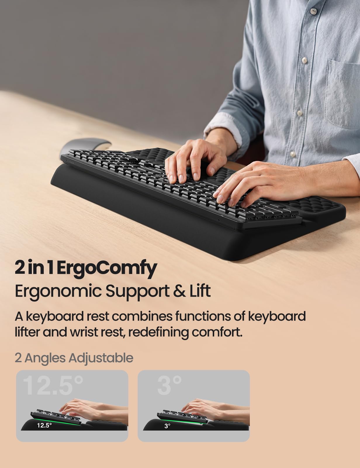 Vaydeer Wrist Rest with Keyboard Stand, Computer Wrist Support Pad, Ergonomic Keyboard Riser Holder Lifter Tray with Wrist Pad, Soft Memory Foam Desk Cushion, Palm Hand Typing for Office Home School