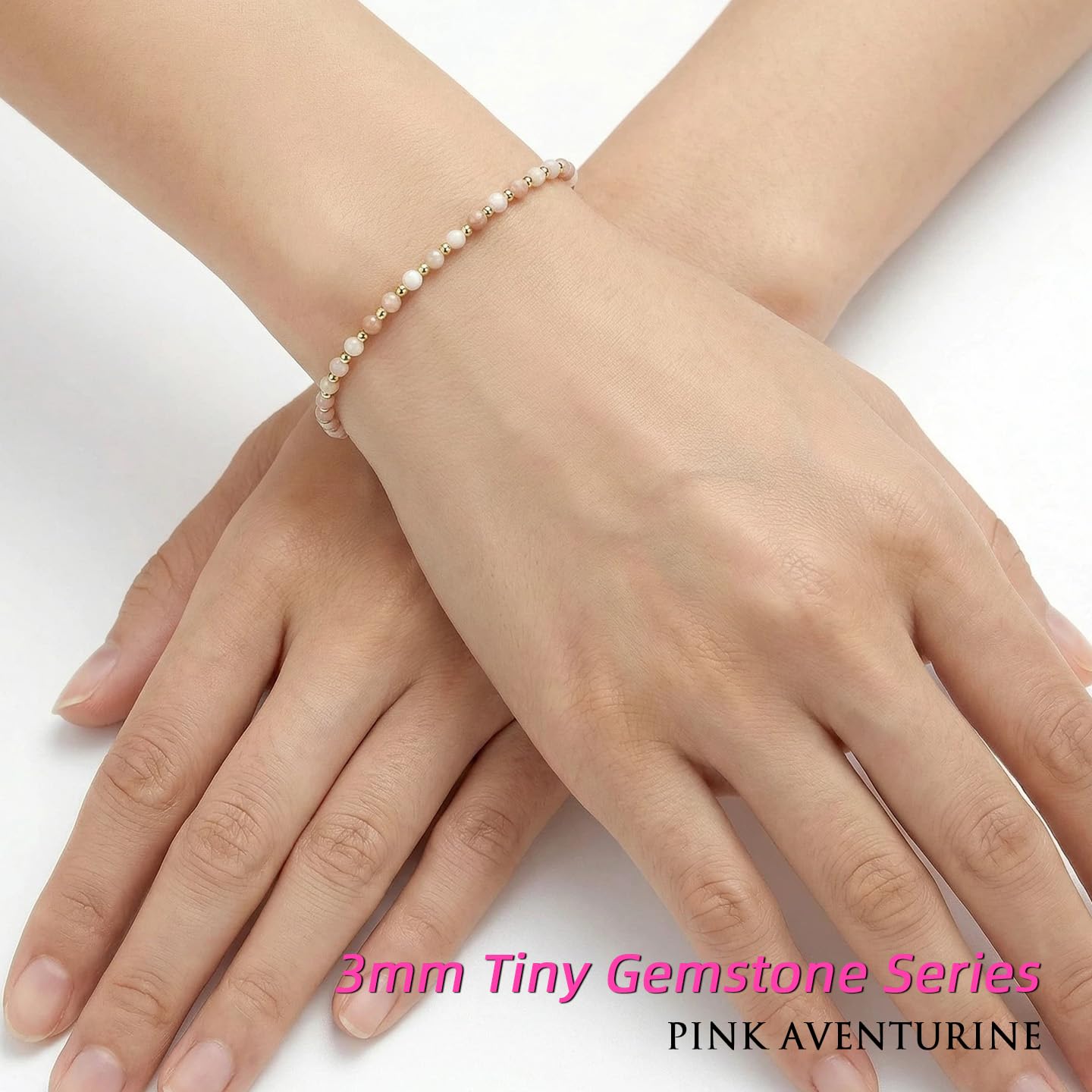 Morchic 3mm Pink Aventurine Natural Gemstone Beaded Bracelet for Women, Dainty Tiny Charm Jewelry, Adjustable 7.1-8.6", Ideal Birthday Holiday Gift