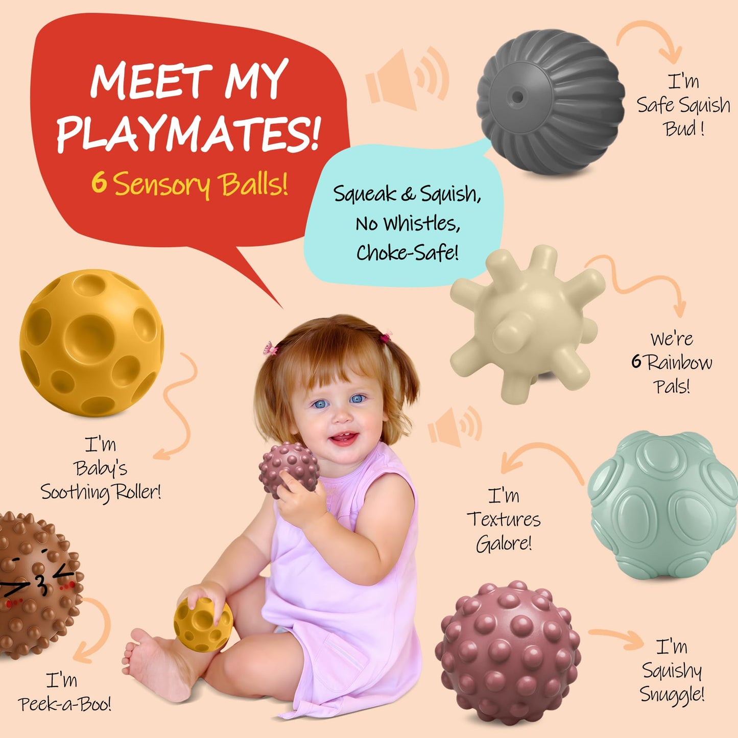 ROHSCE Sensory Balls for Babies 6-12 Months, 6PCS Textured Sensory Ball Set, Montessori Toy for Baby Development, Soft Infant Toy for Fine Motor Skills, Early Learning Gift for Baby