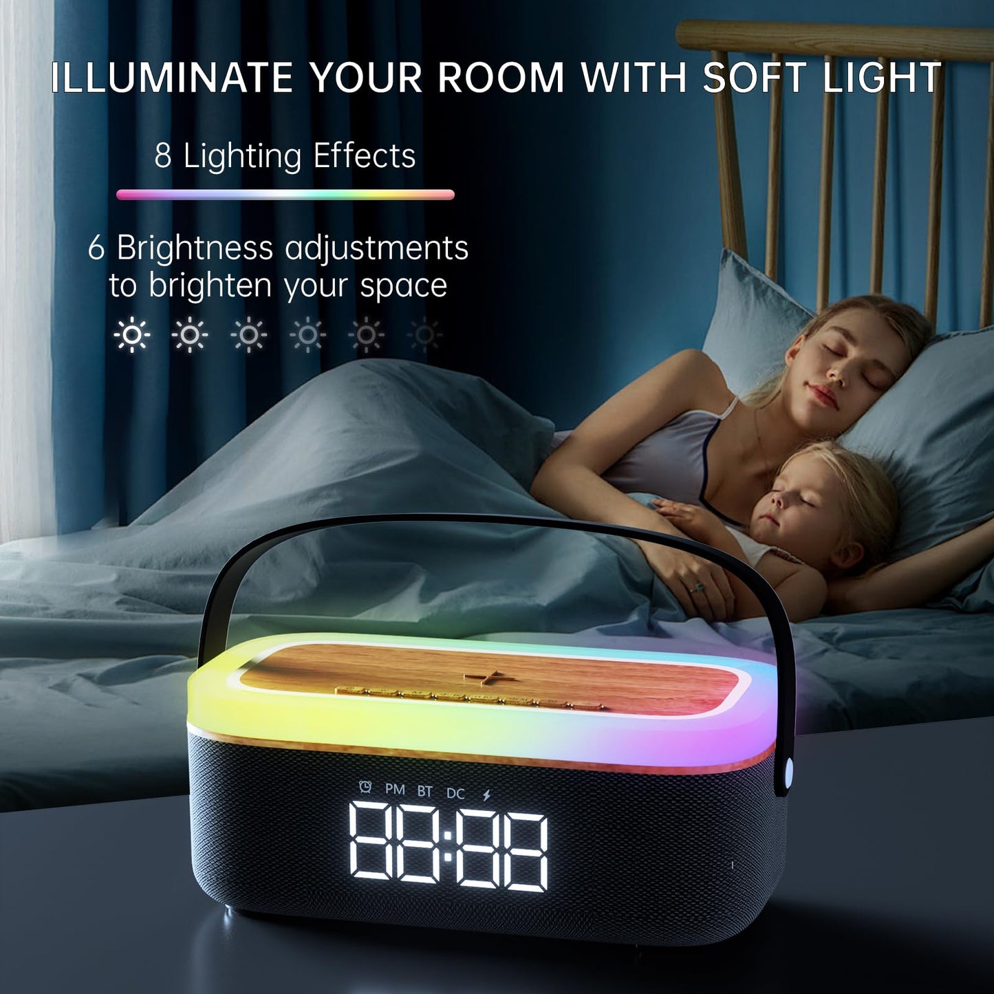 LOVME Alarm Clock Bluetooth Speaker for Bedroom, Bluetooth Stereo Sound Speaker, Fast 15W Wireless Charger, Dimmer, Night Light for Heavy Sleepers, Gift Set, Bedside(Black)