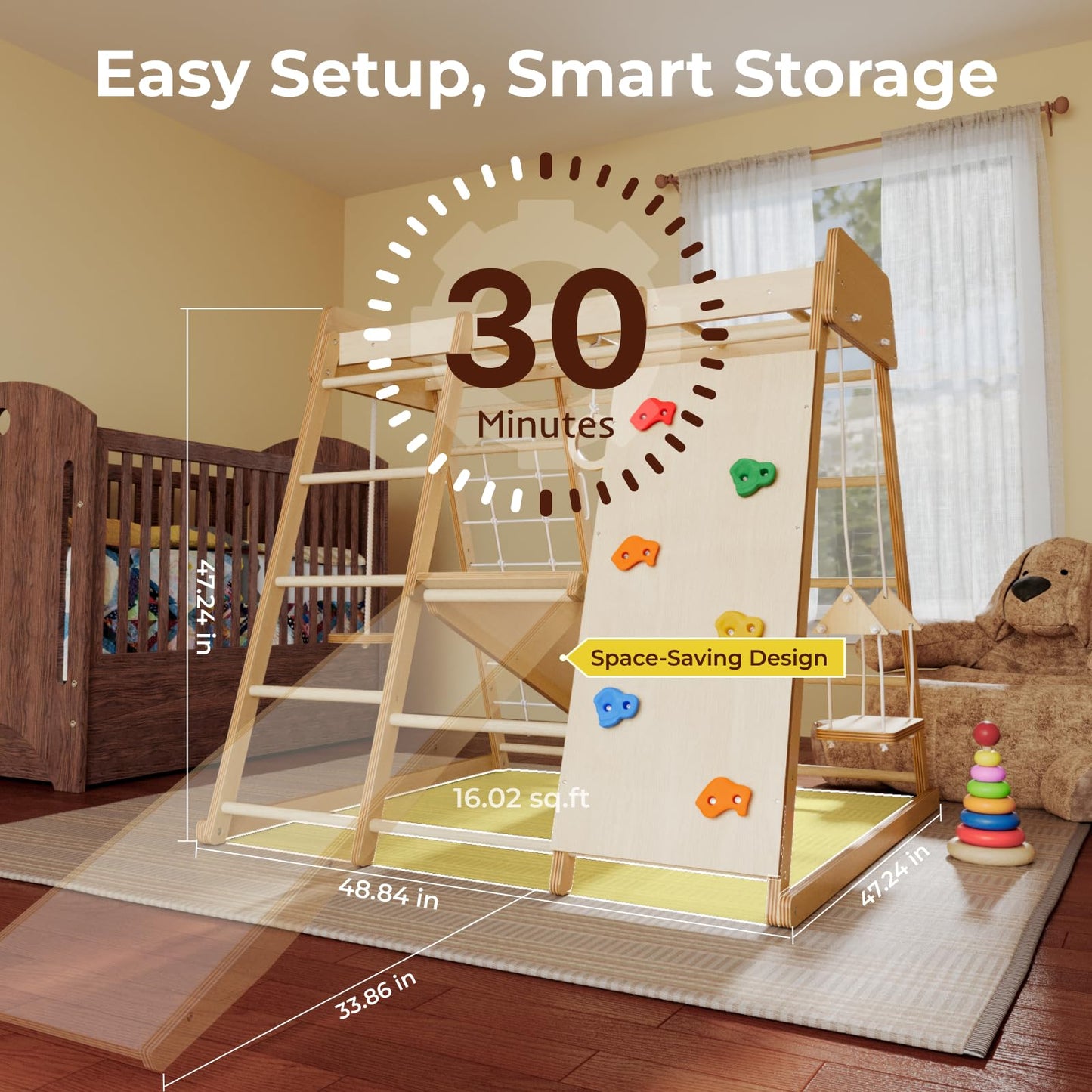 LINKHOO Large Wooden Indoor Jungle Gym for Kids Ages 2-6, Montessori Climber Playset w/Slide, Climbing Net, Monkey Bars, Swing- Indoor Playground Birthday Gift