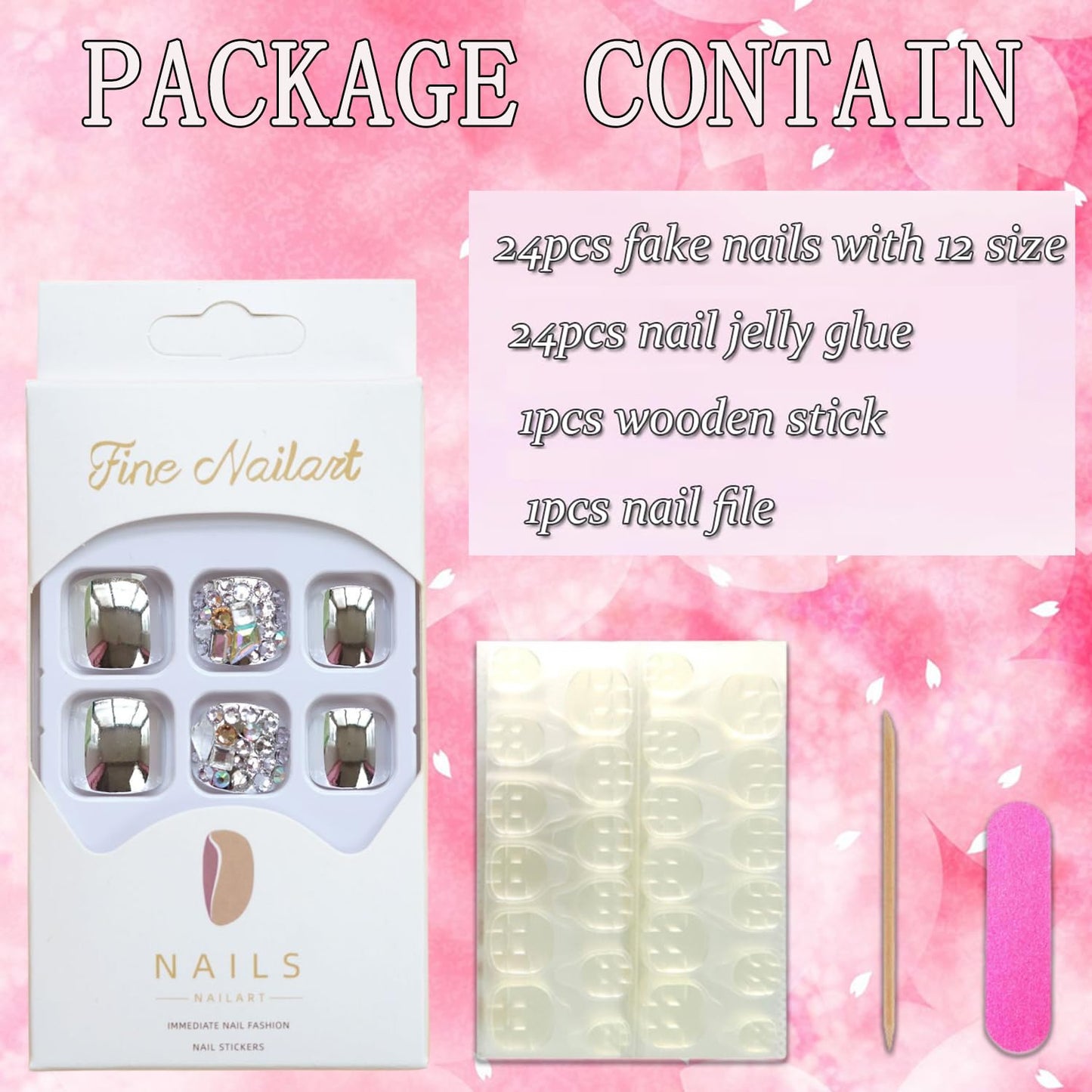 Glitter Silver False Toenail Sets - Press on Coffin Nails with Rhinestone Designs, Full Cover Artificial Acrylic Fake Nails, Stick on Toe Nails with Charm for Women