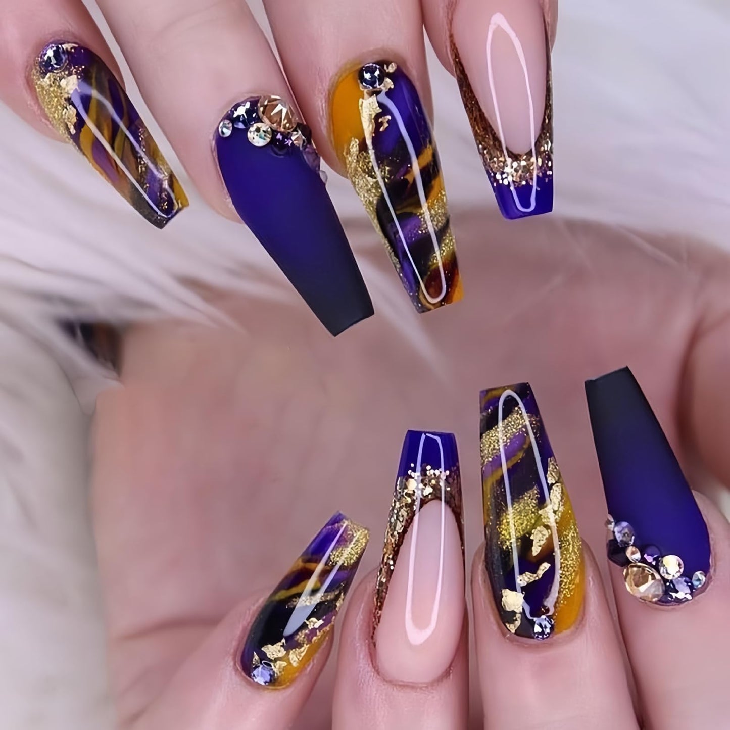 MISUD Press on Nails - Long Coffin Fake Nails with Navy Blue, Acrylic Bling Glitter Rhinestone Design 24 pcs