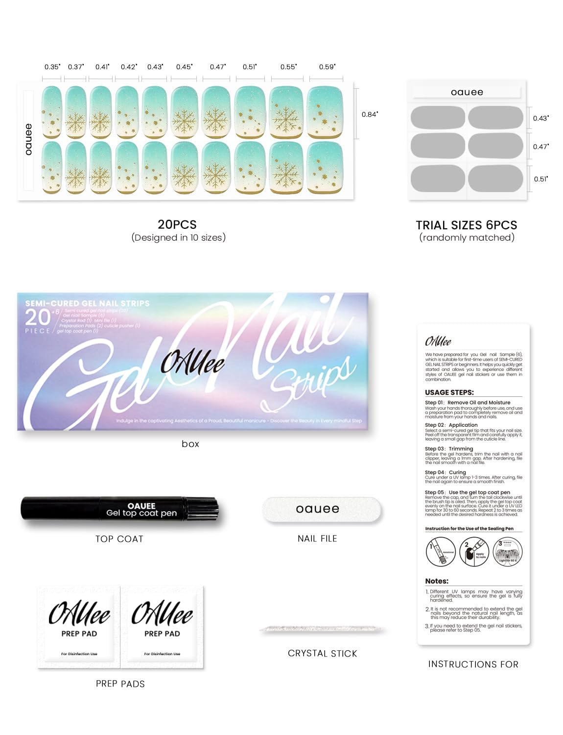 Oauee Semi Cured Gel Nail Strips | Built-In Gel Top Coat | UV Light Required | Salon Quality, Easy Application And Removal (Gilded Snow Globe Reverie ）