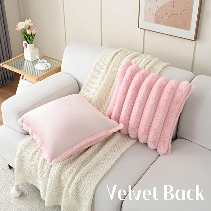 FUTEI Pink Decorative Throw Pillow Covers 22x22 Inch Set of 2, Square Soft Faux Rabbit Fur Thick Striped Cushion Cover,Winter Home Decor for Couch Bed Living Room