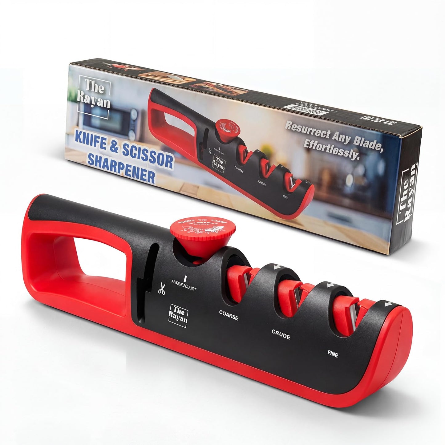 Knife Sharpener, 4-in-1 with Non-Slip Base and Adjustable Angle Guide, Perfect for Fruit Knives, Steel Knives & Scissors, Repair, Restore & Polish Blade (Black and Red)
