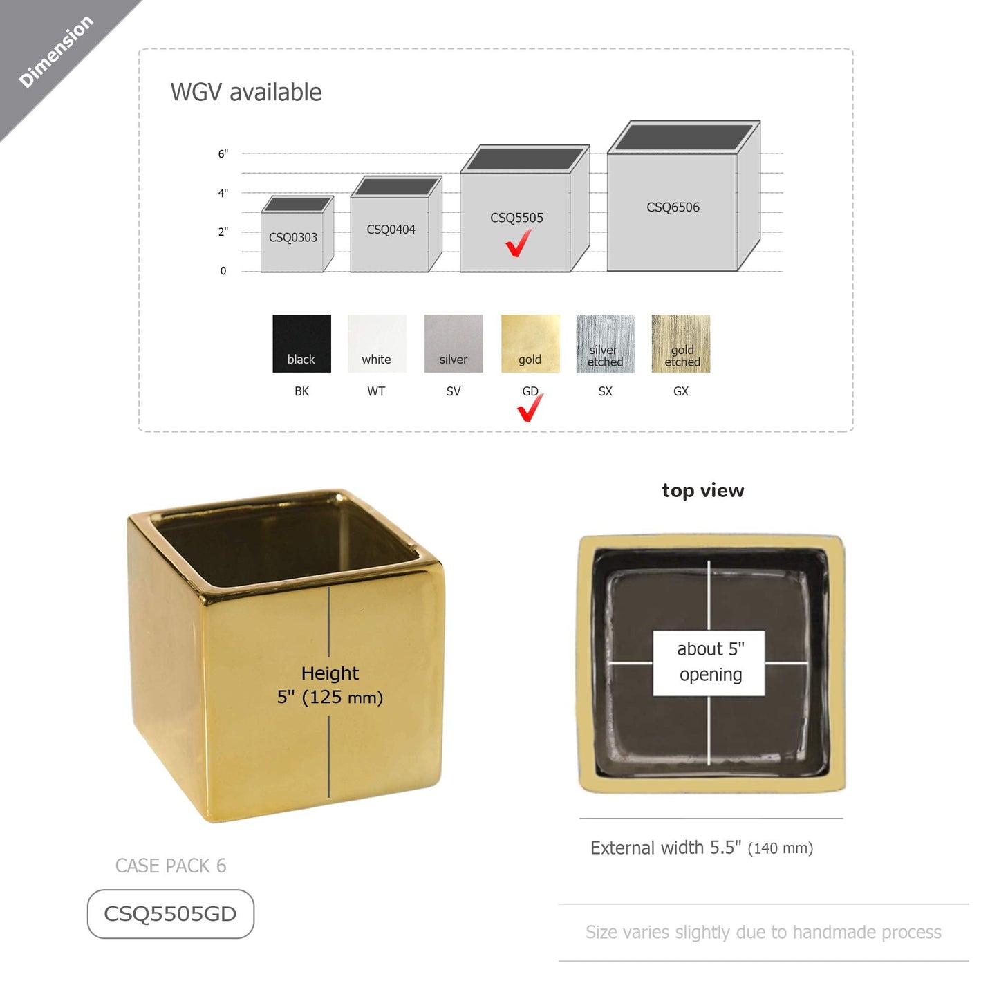 WGV Ceramic Cube Vase Bulk Width 5.5" Height 5" (Fits 5" Pot) Elegant Modern Block Square Floral Planter Terrarium Container Table Dresser for Event Accent Home Office Decor Gold 6 Pieces