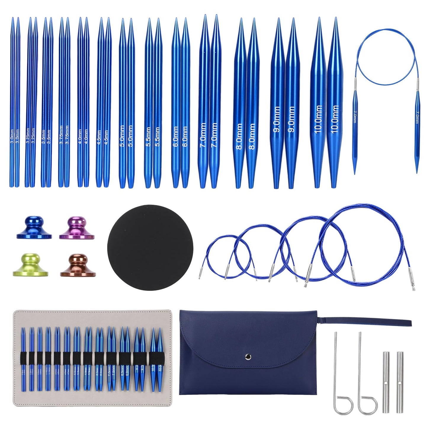 liomey Interchangeable Circular Knitting Needles Set - 13 Pairs (3mm-10mm) with 4 Flexible Cables, Aluminum Needle, Ergonomic Design for Beginners and Advanced Knitters, Blue