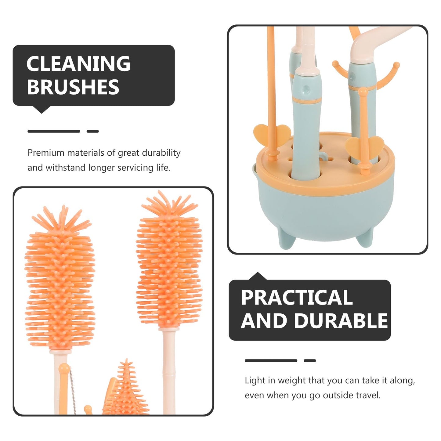 FRCOLOR Bottle Brush Set with Long Handle and Straw Cleaning Brush for Feeding, Blue Multi-piece Household Cleaning Kit with Drying Rack Suitable for Travel and Daily Use