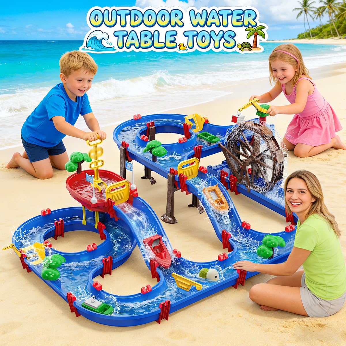 VATOS 2-Tier Watermill Summer Water Table, 124 PCS DIY Water Table with Water Pump Toys for Toddlers 3-5 4-7 Years Old, Fun Water Playset Outdoor Water Summer Toys for Backyard, Beach, Balcony, Garden
