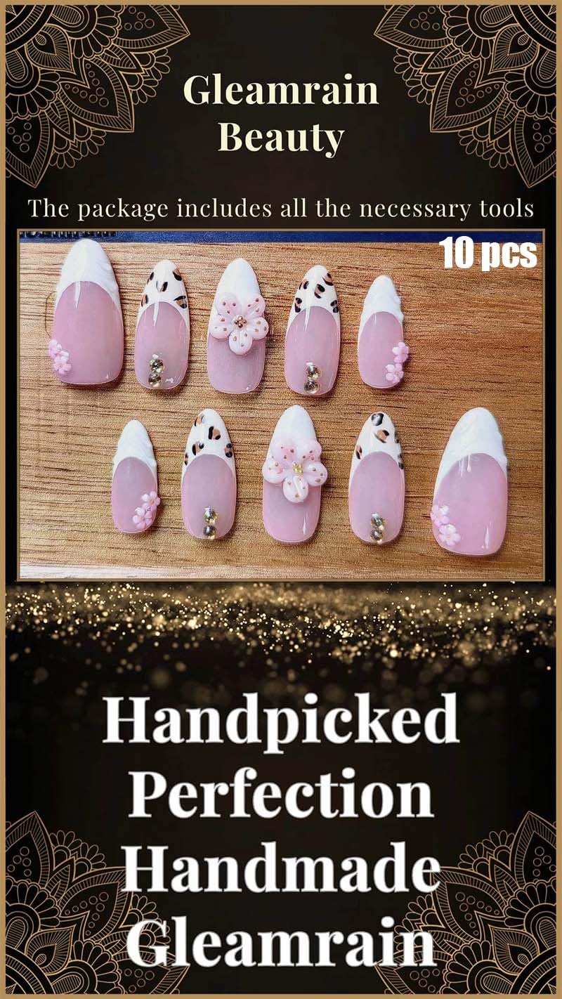 Gleamrain Handmade Press on Nails Almond Shape M Size/Gleamrain Luxury Medium Hand Made Nails with Design for Women 10Pcs by P08