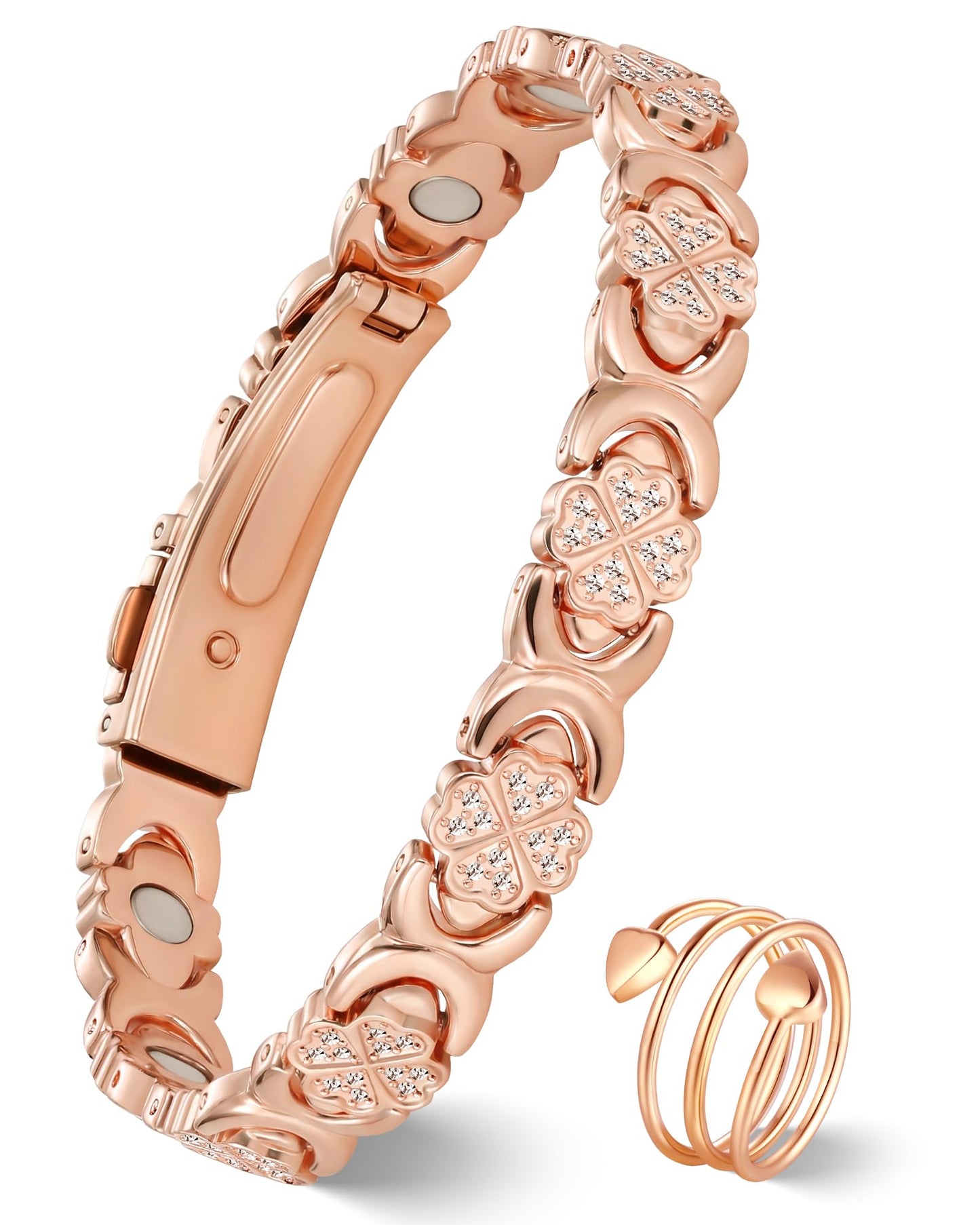 Jeracol Copper Bracelet & Ring for Women, Ultra Strength Magnetic Bracelet with 3800 Gauss Magnets, Four-Leaf Clover & Infinity Heart Symbol & Crystal, Adjustable Tools and Jewelry Gift Box