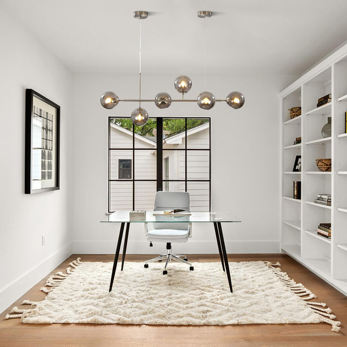 KCO Modern 6-Light Ceiling Pendant Lighting Mid-Century Glass Globes Sputnik Pendant Lamp Hanging Adjustable Chandelier for Kitchen Island Living Dining Room (Silver+Smoke Grey)