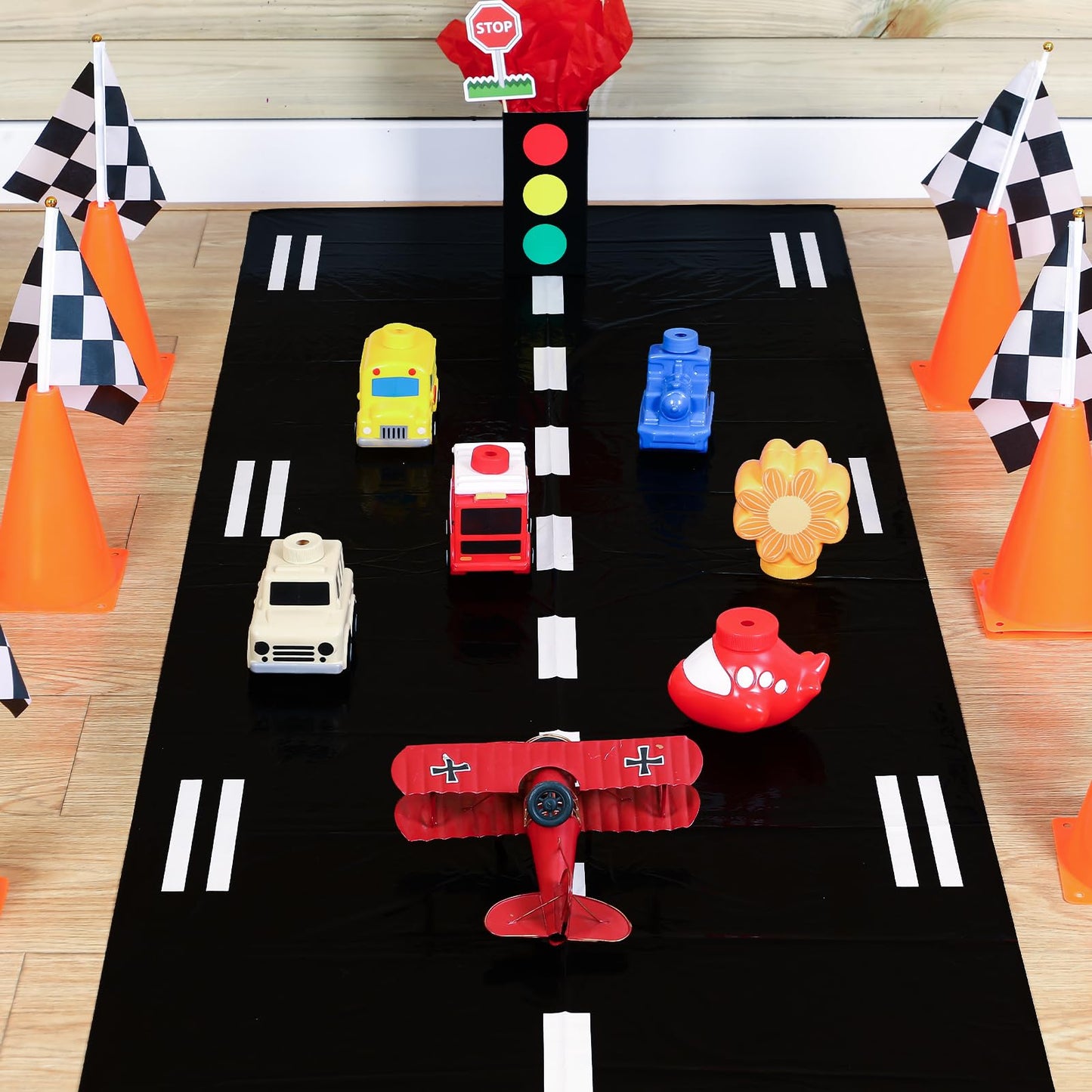 Remagr Racetrack Floor Running Black Racer Party Decoration Mat Road Table Runner Long Racetrack Tablecloth Drag for Party(Simple,32 ft X 2 ft)