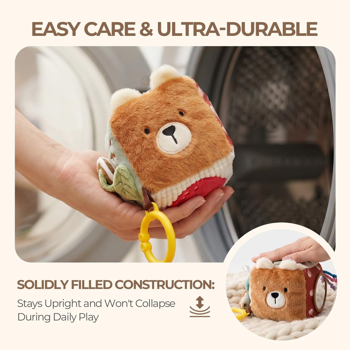 let's make Bear Baby Activity Cube for Babies 0-12 Months, Soft Activity Block Toy with Food-Grade Teether & Baby-Safe Mirror, Tummy Time Crinkle Toy for Infants Boys Girls