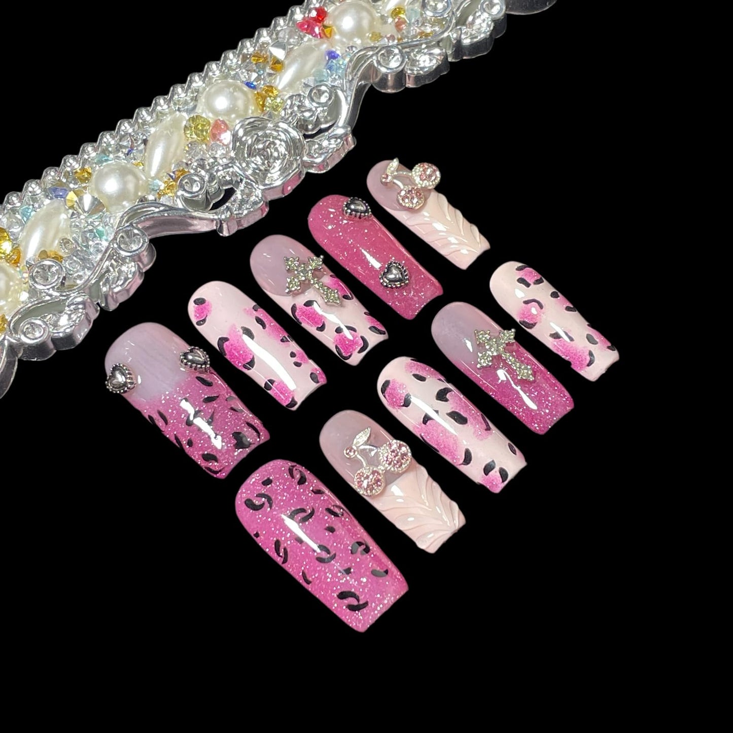 Handmade Press On Nails Pink Leopard Print Design Medium/Long Square Cherry Charms, Glitter Ombre Artificial Acrylic Thick False Nails (Sparkle, M)