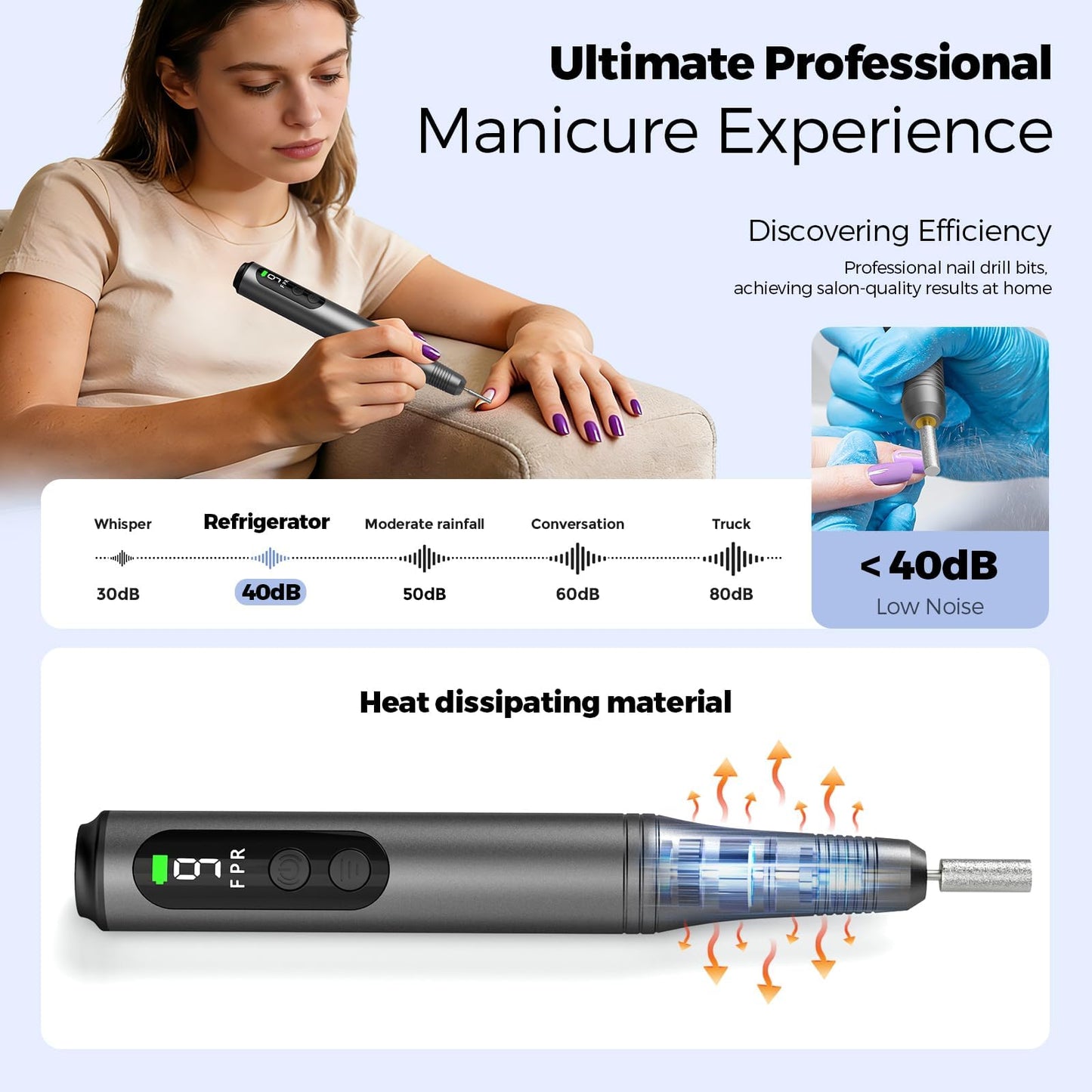 Electric Nail Drill Kit, Electric Nail File Cordless Nail Drill Machine for Acrylic Gel Dip Powder Nails, Professional Portable Manicure Pedicure Rechargeable Lightweight for Home Salon Use