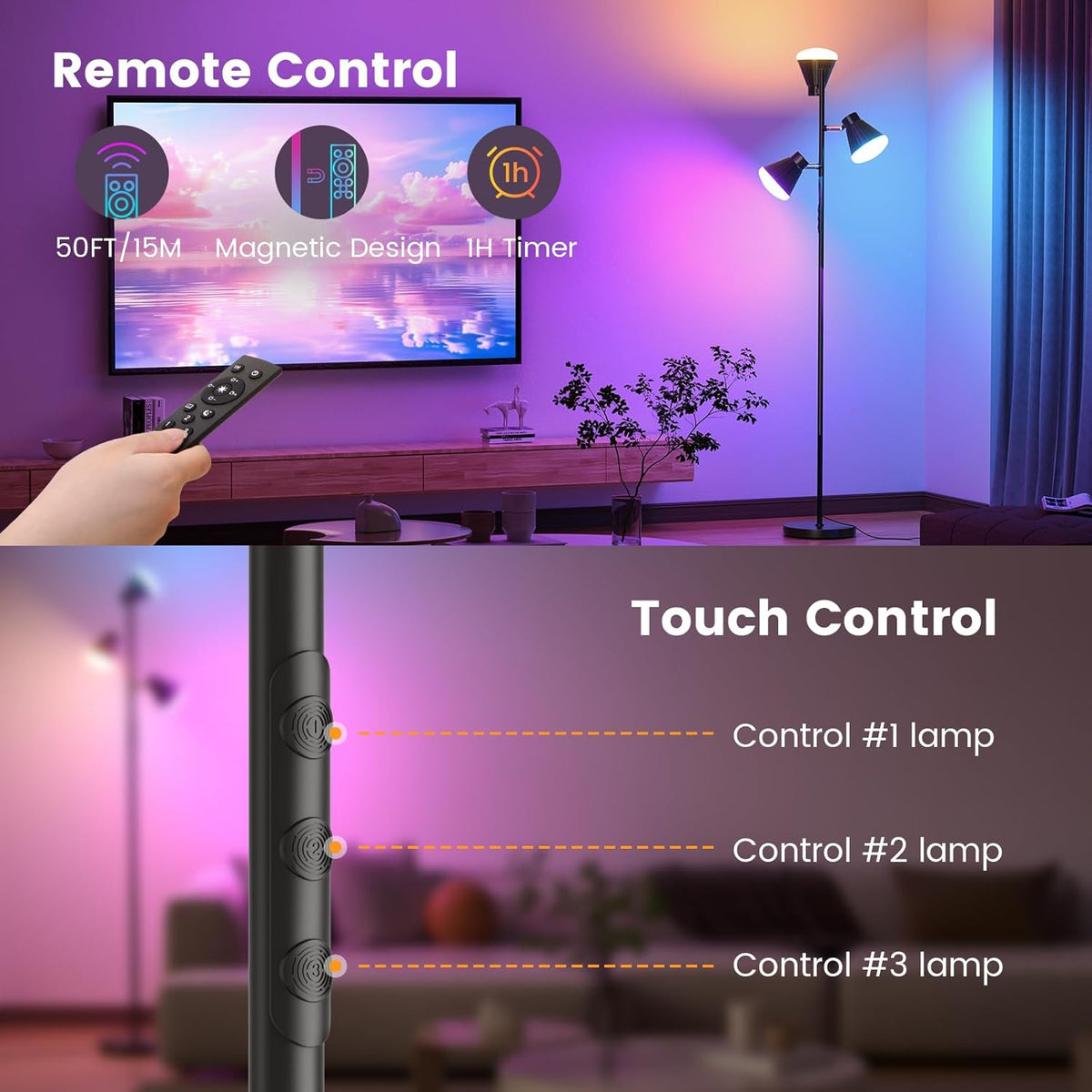 RGB Floor Lamp, 36W LED Dimmable Standing Lamp with 3 Swivel Lights, Color Changing Tall Lamp with Remote, Stepless Dimmable Modern Floor Lamps for Living Room, Bedroom, Gaming Room,Office