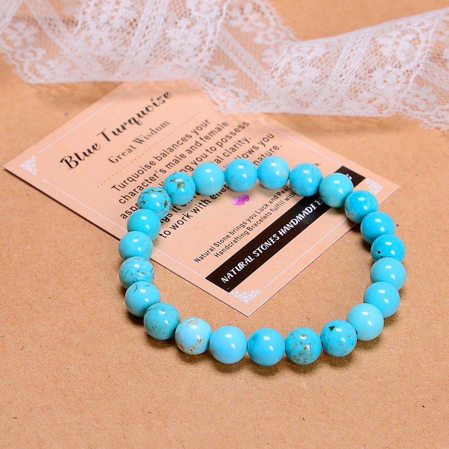 AD Beads Handmade Gemstone Stretch Elastic Bracelet Crystal Healing Reiki Nature's Beauty and Spiritual Essence Unisex (8mm, Blue Turquoise (Great Wisdom))
