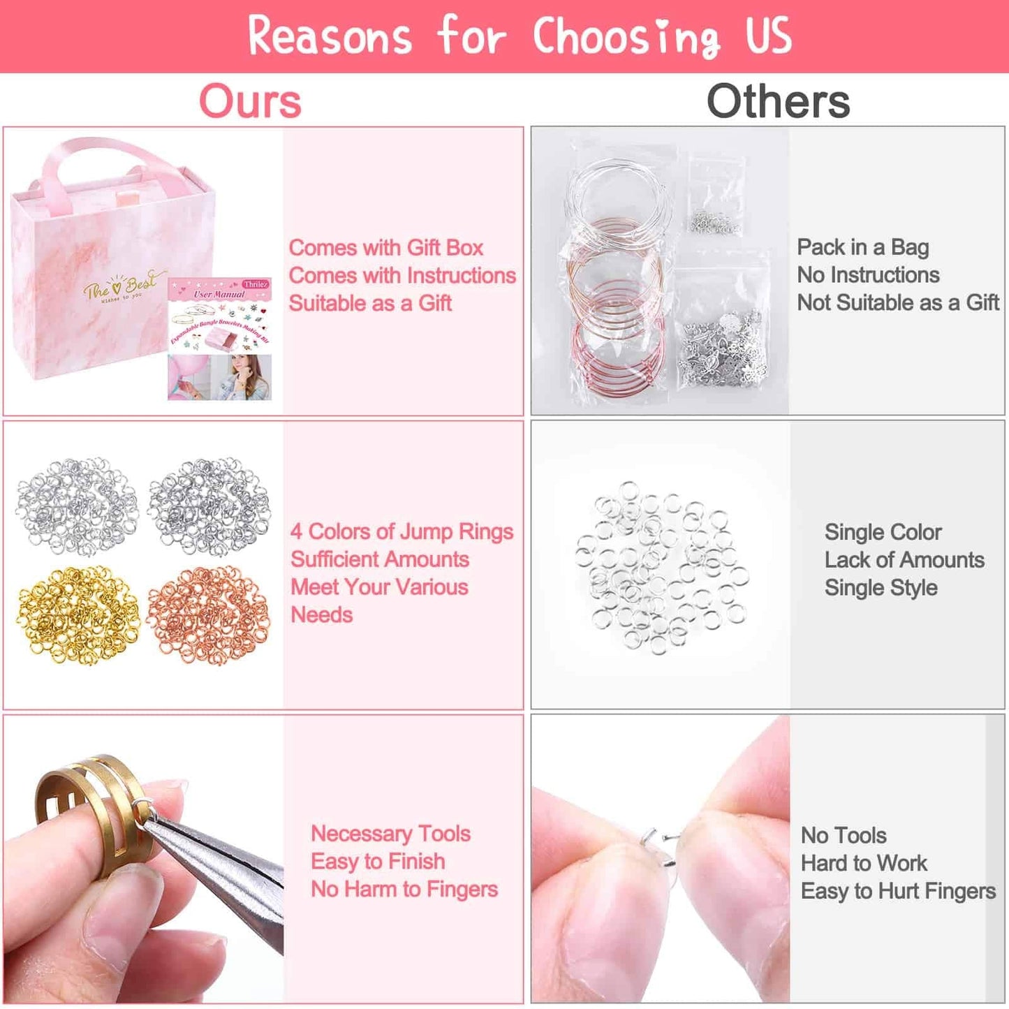 Thrilez 300Pcs Charm Bangle Bracelets Making Kit with Expandable Bangles, Charms, Jump Rings and Pliers for Jewelry Making Bangle Bracelets (with Gift Box and Tools)