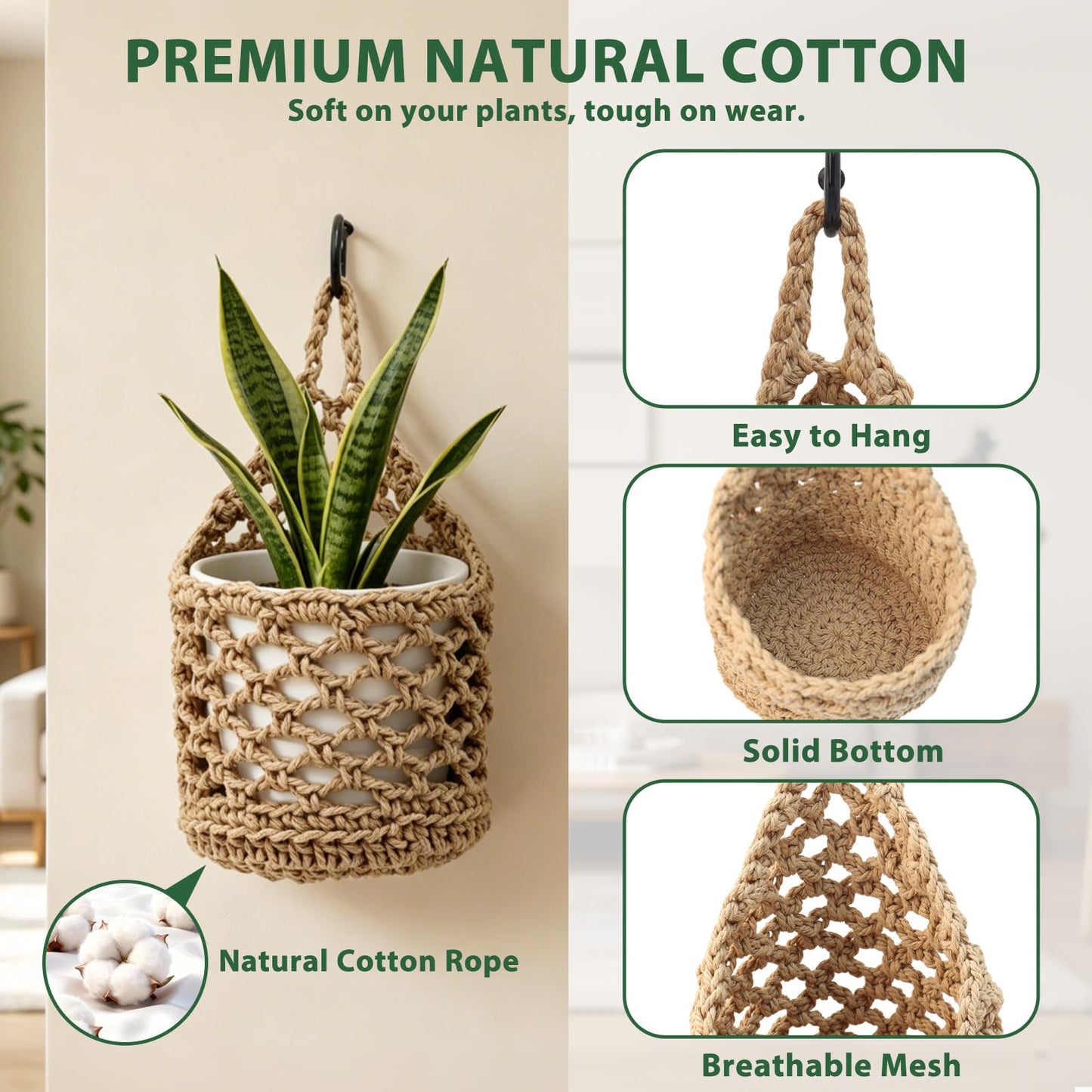 DOODLEBEAN 4 PCS 5-Inch Macrame Wall Plant Hangers, Small Wall Hanging Plant Holder with Hooks, Natural Cotton Rope Hanger for Indoor Plants & Daily Storage, Boho Home Decor