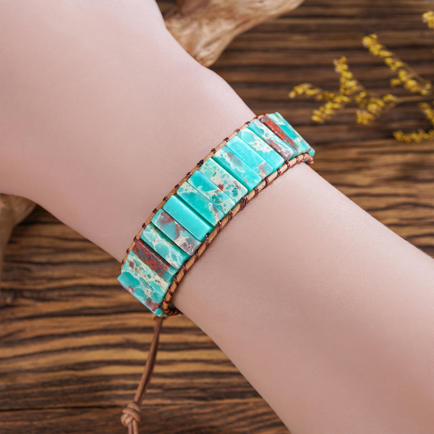 Plumiss Boho Blue Agalmatolite Beaded Wrap Leather Bracelet Jewelry
