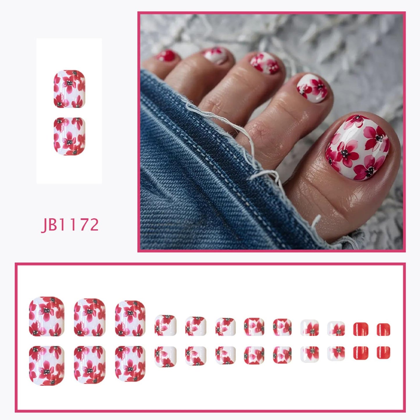 Red Flower Press on Toenails Short Square Fake Toe Nails Spring Summer Toe Nail Press ons Acrylic False Toenails Glossy Full Cover Stick on Toes for Women Manicure 24Pcs