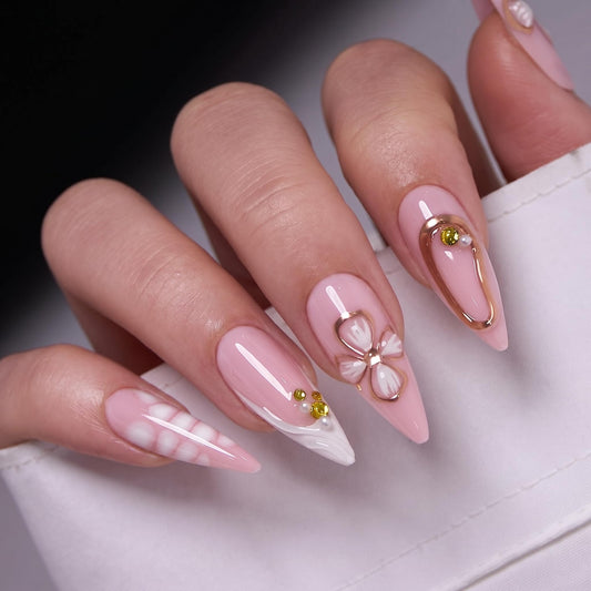 CurvLife Soft Gel Stiletto Almond Press-On Nails Long, Reusable Fake Nails with Glue & Adhesive Tabs, 30PCS Salon-Quality Stick-On Nails for At-Home Manicure (Ivory Bloom)
