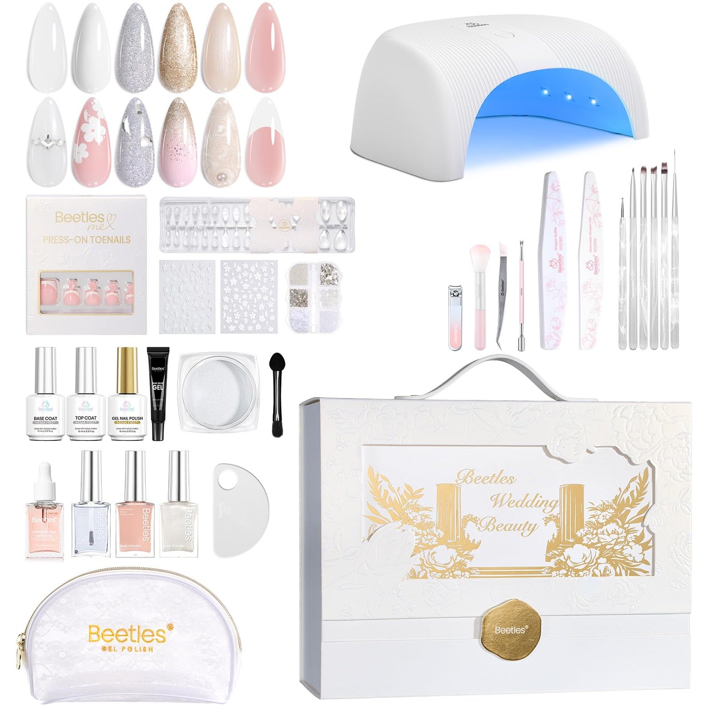 Beetles Gel Nail Polish Kit with UV Light - Wedding Beauty French Manicure Kit, 15ml UV LED Soak Off French Tip Gel Polish Set with Nail Tools Nails Decoration