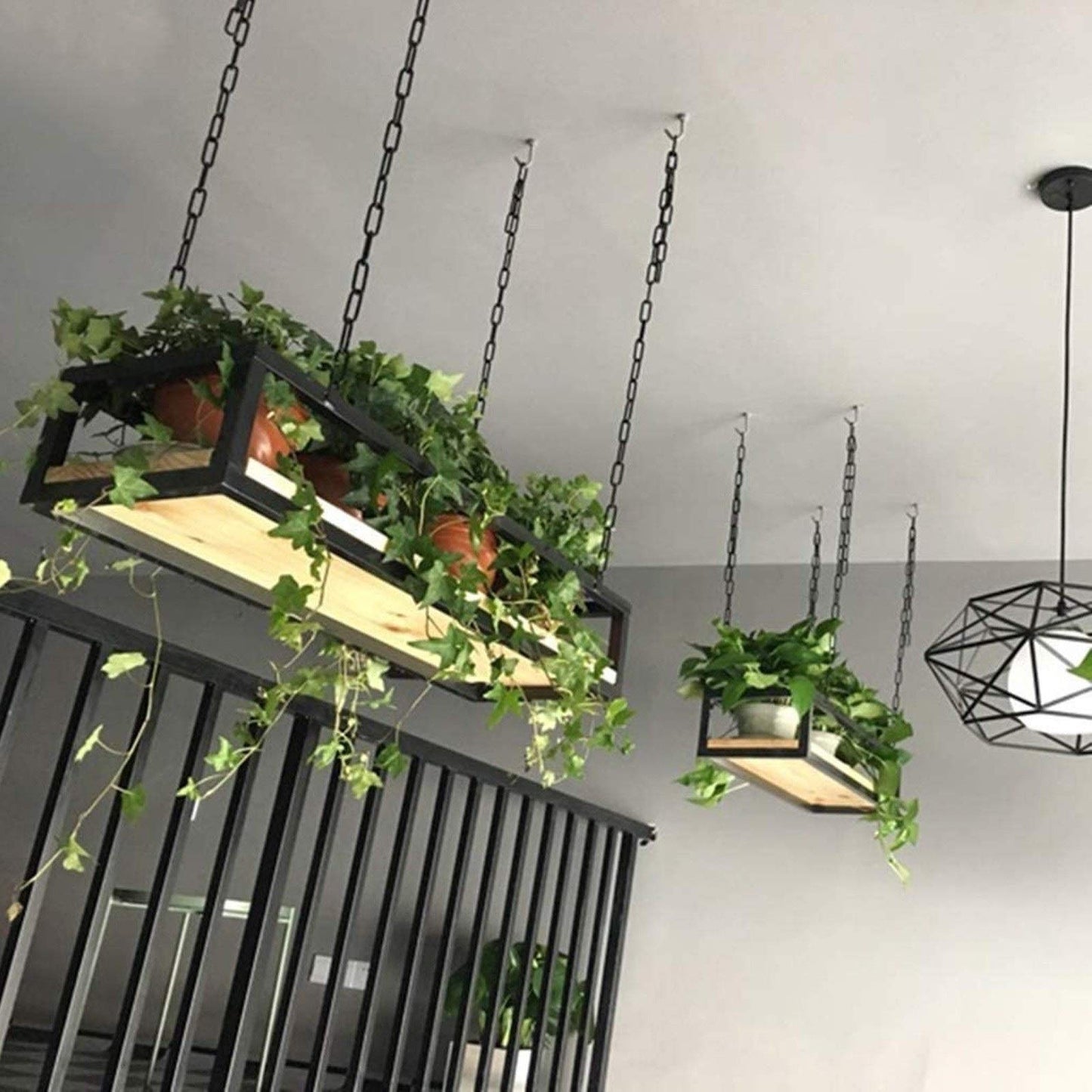 Hanging Flower Pot Display Rack - Wooden & Metal Plant Stand for Balcony, Bar, Patio, Garden - Adjustable Sizes 60/80/100/120/140cm - Stylish Railing Shelf for Flower Baskets