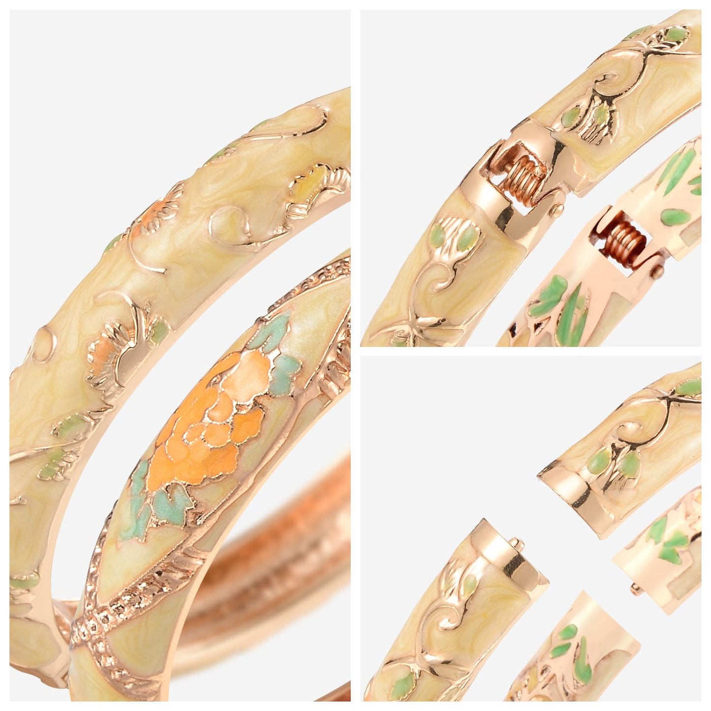 UJOY Classic Cloisonne Bracelets Enamel Jewelry Plated Bamboo Flower Cuff Metal Bangle for Women Gift Box 55A108-55A128 Yellow