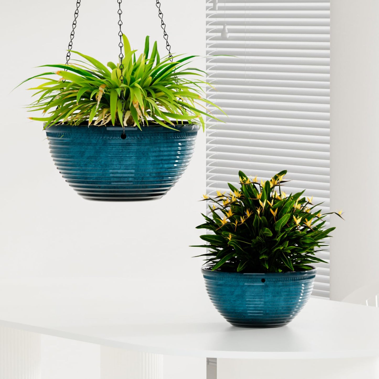 Vanslogreen 2 Pack Hanging Planters for Indoor Outdoor Plants, 10 Inch Hanging Planter with Drainage Hole & Plug Glazed Hanging Baskets Flower Pots for Garden Home (Blue)
