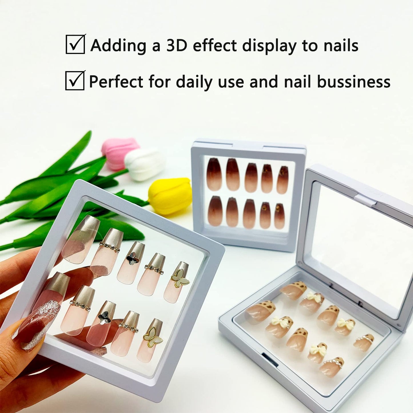 GUXACU Press On Nail Packaging Boxes - 3D Floating Storage and Display Box With 60pcs Double Sided Adhesive Tape for Nail Tech