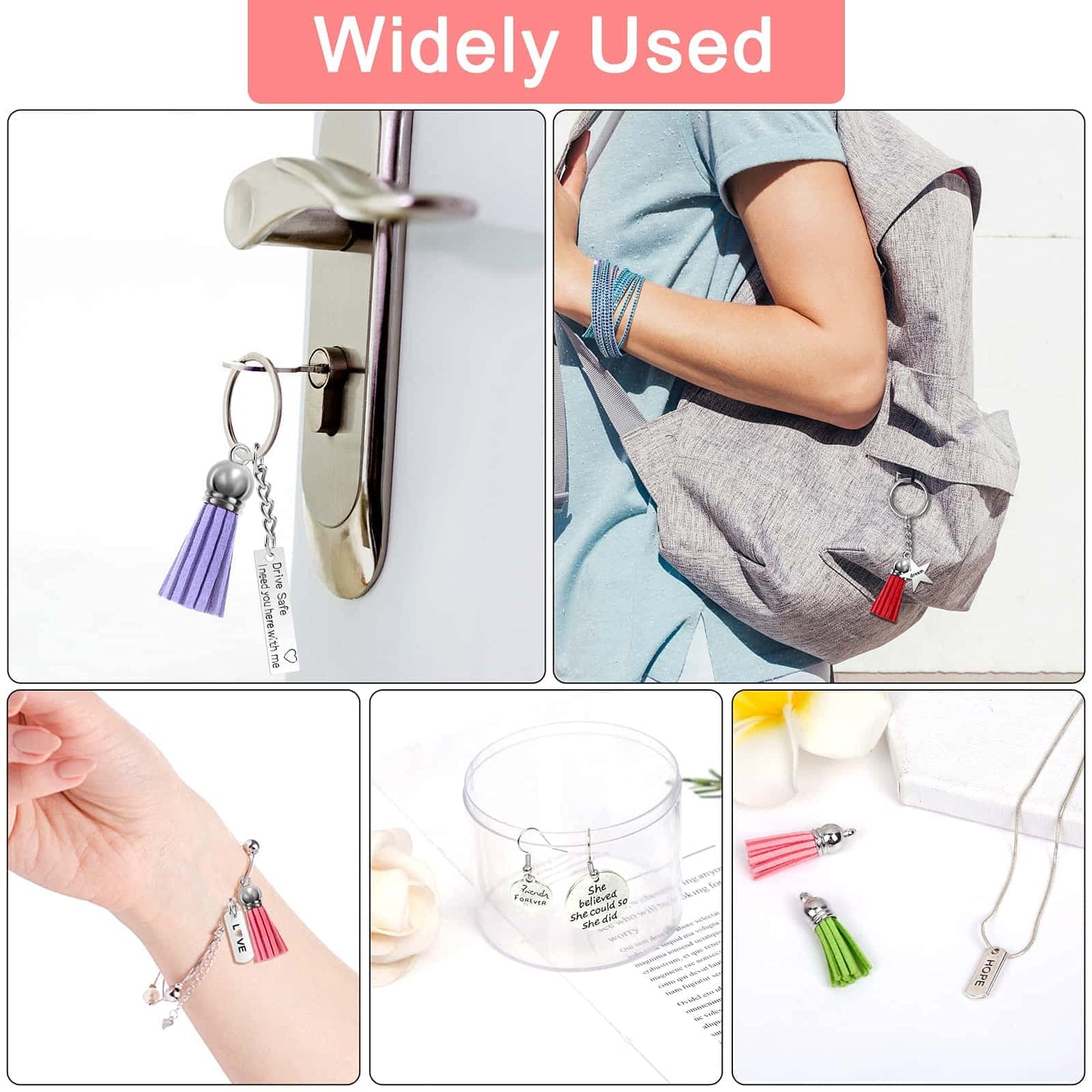 Audab 350Pcs Motivational Keychain Accessories Set with 50 Engraved Inspirational Words Charms, 50 Leather Keychain Tassels, 50 Keyring with Chain, 200 Open Jump Rings for DIY Crafting