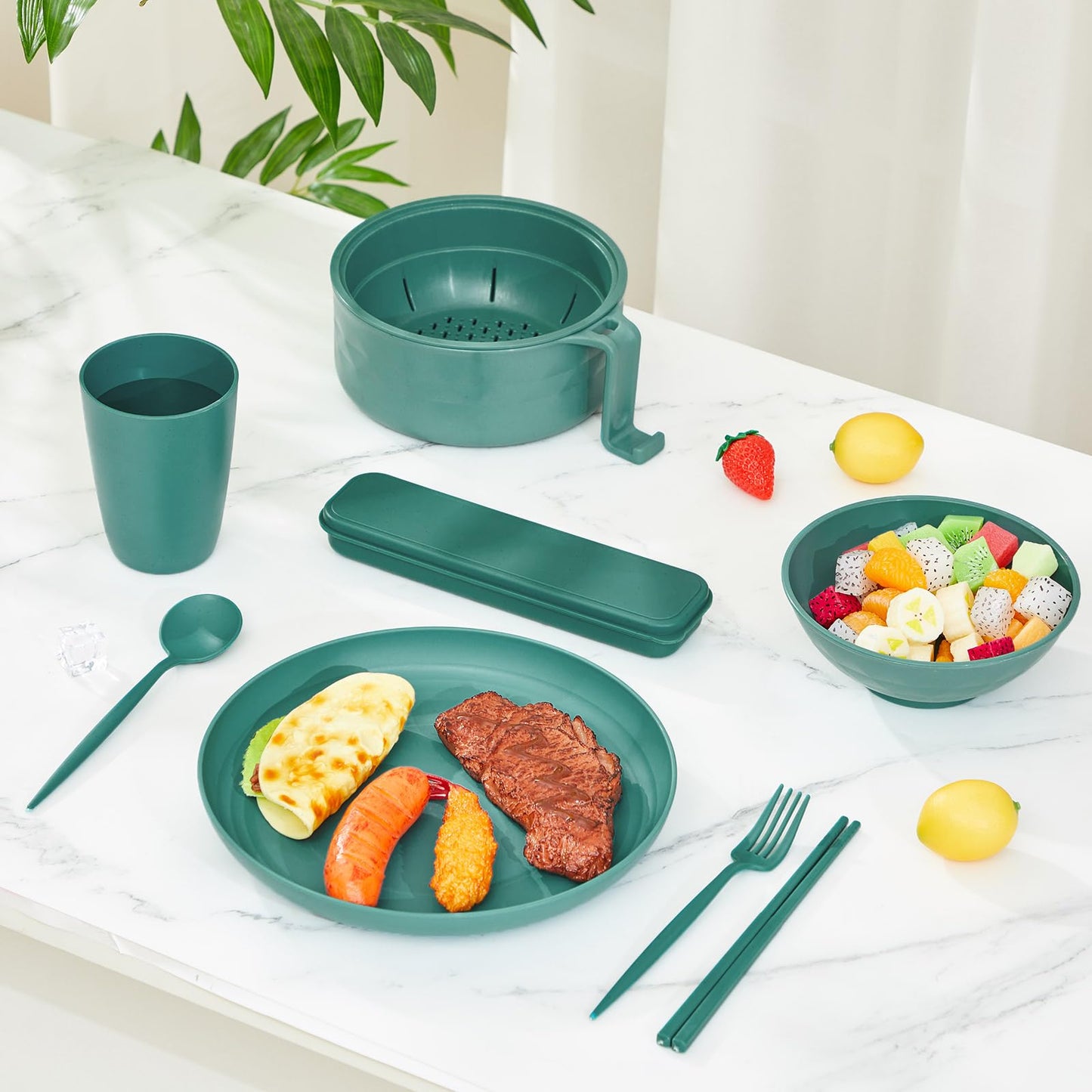 Romooa 6 Pcs Microwave Ramen Cooker Set Microwavable Wheat Straw Dinnerware Sets with 40oz Ramen Bowl, Plates, Cups and Cutlery Box, Dishwasher Safe Camping College Dorm (Dark Green)