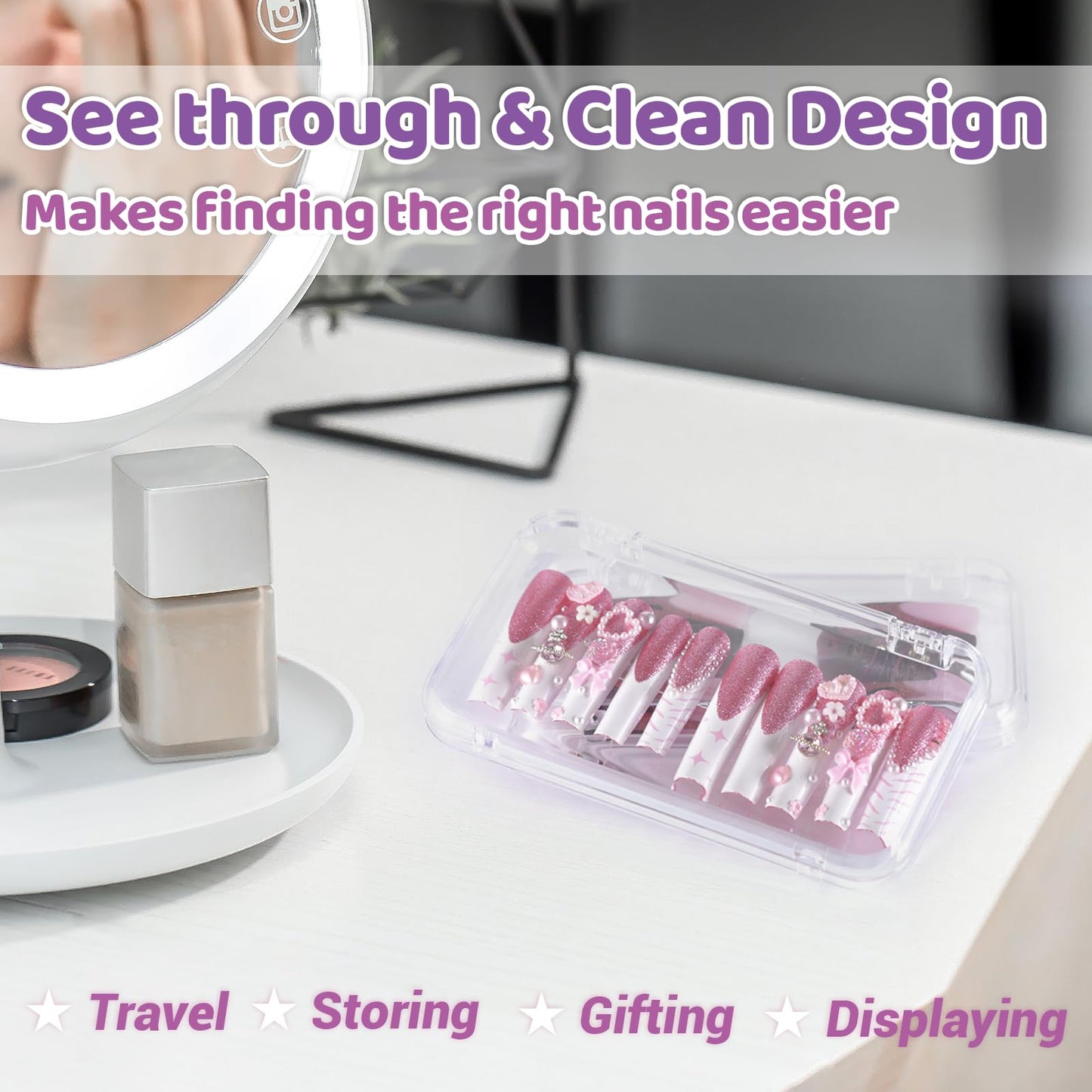 JynJyn 12Pcs Press On Nail Cases Large, 5.1”×2.95” False Nail Packaging Cases with 30Pcs Adhesive Double Sided Tape, Plastic Clear Box for Fake Nails Storage