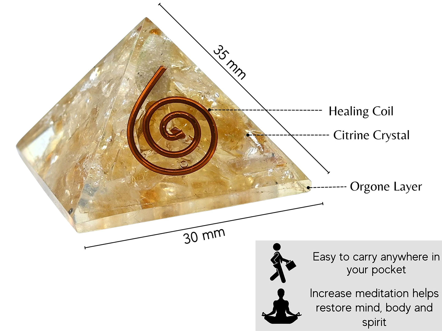 Amazing Gemstone Citrine Orgone Pyramid - 30mm Small Orgonite Pyramids with Crystals and Healing Stones - Authentic Organite Gifts