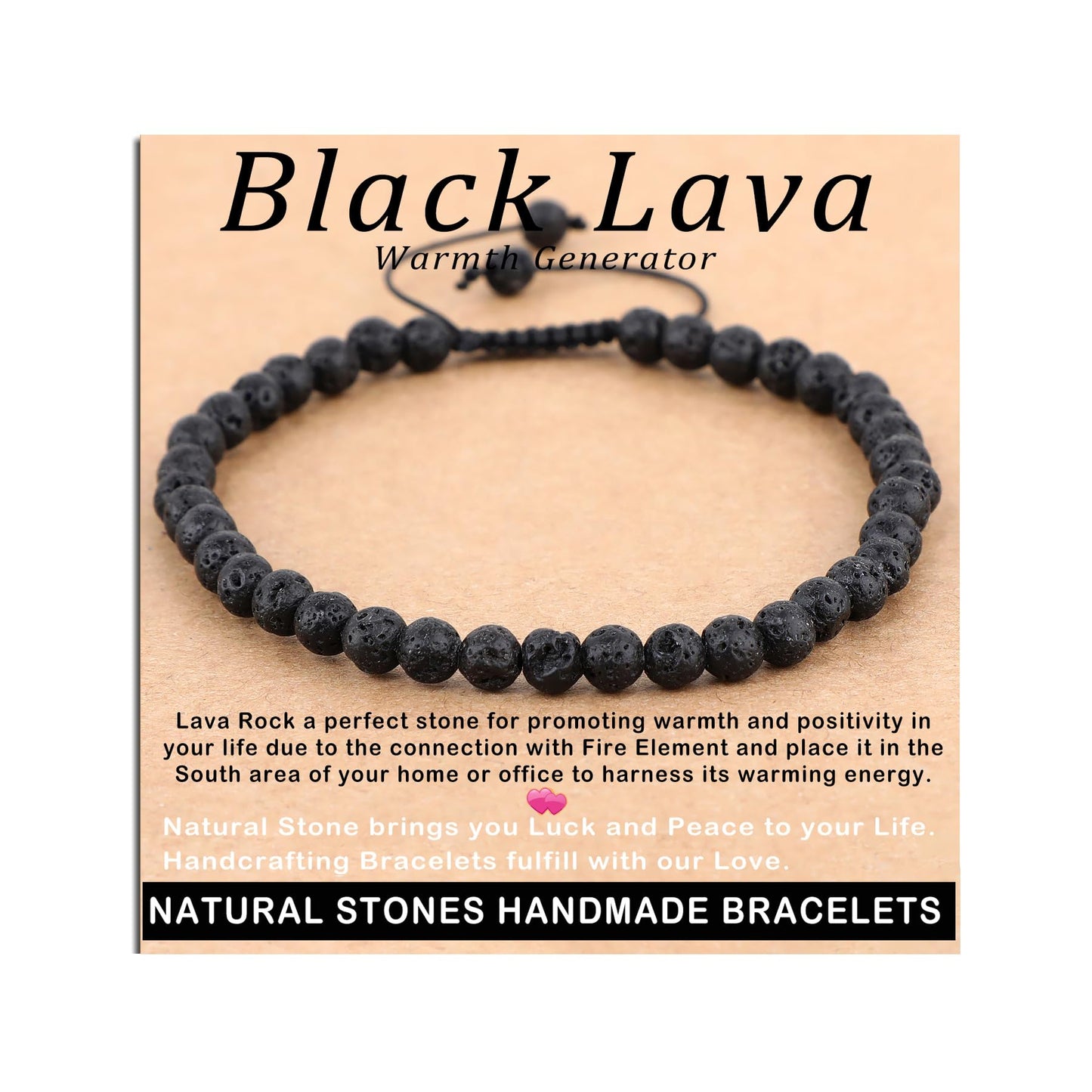 AD Beads 4mm Black Lava - Warmth Generator - Handmade Natural Stone Crystal Bracelet with Adjustable Macrame String - Yoga Healing Power Energy Gifts for Men and Women